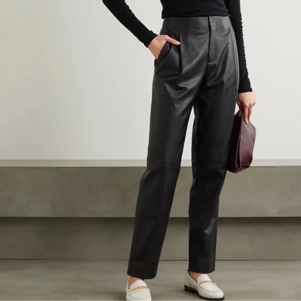 Vince Black Leather Pleat Tapered Pants - Picture 2 of 12